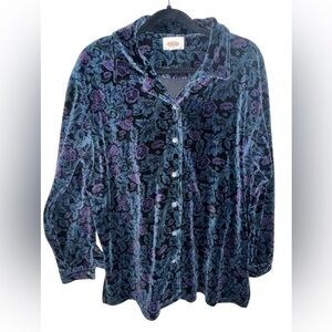 Talbots Woman 1X Floral Velour Button Up Shirt Blue Purple Vintage Made in Korea